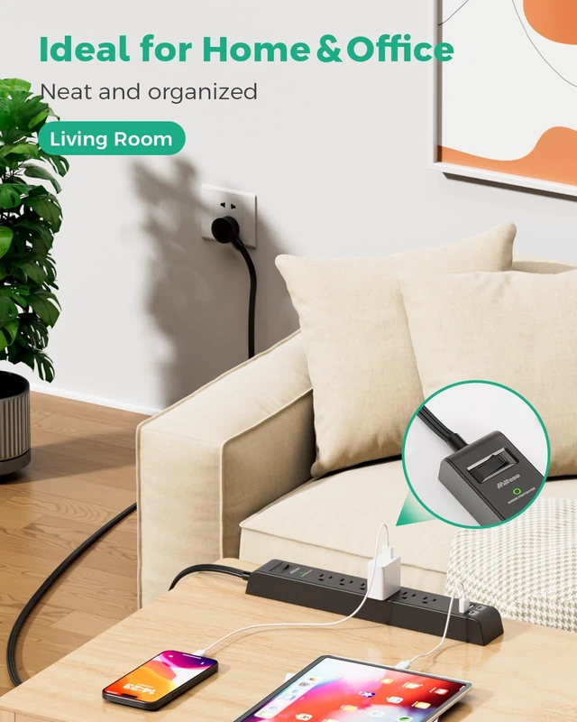 Alt view image 7 of 7 - 2 Pack Power Strips Surge Protector, 12FT Flat Extension Cord, Flat Plug 6 Outlets 4 USB Charging Ports, Overload Protection, Wall Mount for Home Dorm Office