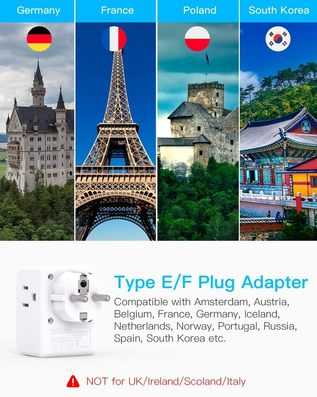 Alt view image 2 of 7 - 2 Pack Germany France Travel Plug Adapter, Type E/F Power Plug Adapter 3 Outlets 4 USB Charging Ports(2 USB C), 7-in-1 Travel Essentials US to Europe France Germany South Korea Netherlands Spain
