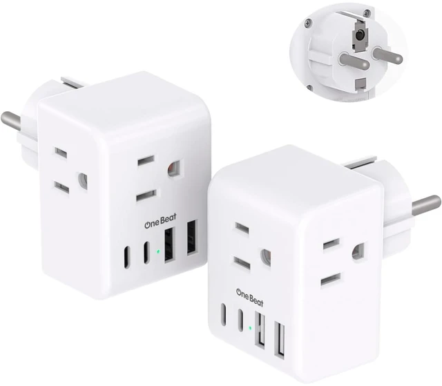 Main image of 2 Pack Germany France Travel Plug Adapter, Type E/F Power Plug Adapter 3 Outlets 4 USB Charging Ports(2 USB C), 7-in-1 Travel Essentials US to Europe France Germany South Korea Netherlands Spain