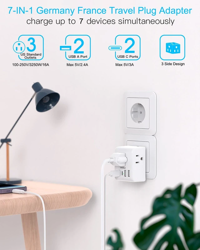 Alt view image 3 of 7 - 2 Pack Germany France Travel Plug Adapter, Type E/F Power Plug Adapter 3 Outlets 4 USB Charging Ports(2 USB C), 7-in-1 Travel Essentials US to Europe France Germany South Korea Netherlands Spain
