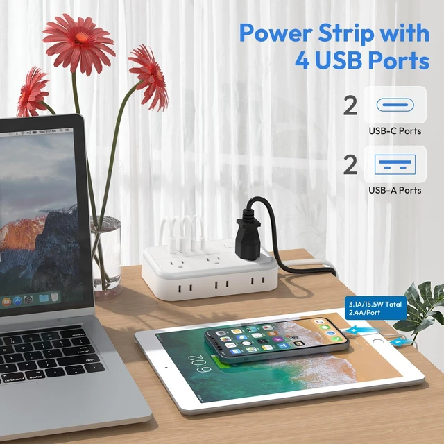 Alt view image 4 of 7 - Flat Plug Extension Cord 25 ft, Power Strip, Outlet Extender with 6 Outlets 4 USB Ports, Overload Protection, Long Extension Cord with Multiple Outlets for Indoor, Home, Office, White