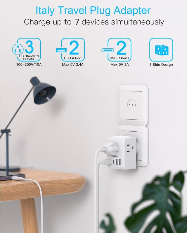 Alt view image 2 of 7 - 2 Pack US to Italy Travel Plug Adapter, Type L Power Adapter 3 Outlets 4 USB Ports(2USB C), 3 Prong Grounded Outlet Adaptor, Travel Plug Converter for USA to Italy Chile Uruguay Italian