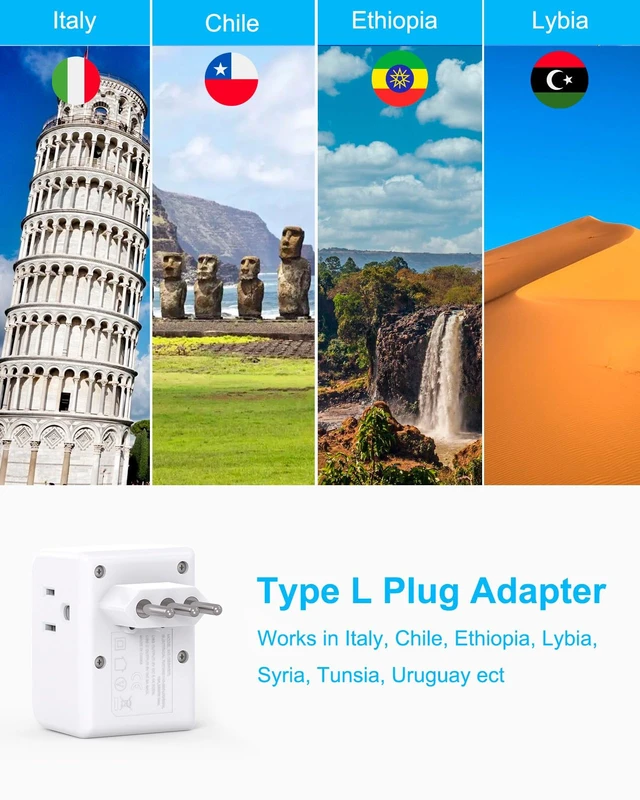 Alt view image 4 of 7 - 2 Pack US to Italy Travel Plug Adapter, Type L Power Adapter 3 Outlets 4 USB Ports(2USB C), 3 Prong Grounded Outlet Adaptor, Travel Plug Converter for USA to Italy Chile Uruguay Italian