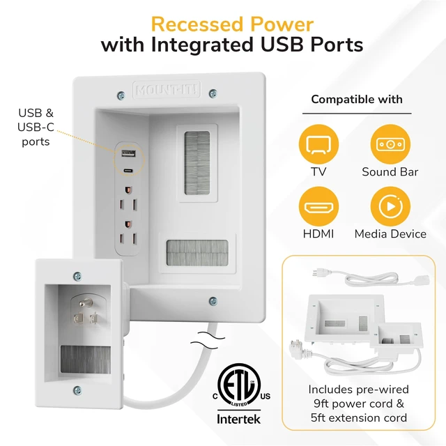 Alt view image 5 of 7 - Mount-It in-Wall TV Cable Management Kit, USB-C, Dual Outlet, Cord Hider ETL Certified Recessed Power with USB-A, 9ft Behind-Wall and 5ft External Cords, DIY Install, Wire Hider for Wall Mounted