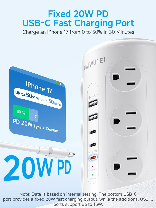 Alt view image 2 of 7 - 6FT Tower Power Strip with Night Light & Dedicated 20W PD USBC Port 12 WidelySpaced AC Outlets & 5 USB Ports, Flat Plug, Extension Cord, Desk Charging Station for Home, Office & Dorm, White