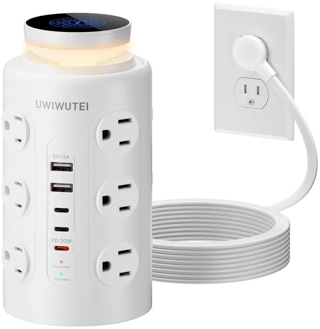Main image of 6FT Tower Power Strip with Night Light & Dedicated 20W PD USBC Port 12 WidelySpaced AC Outlets & 5 USB Ports, Flat Plug, Extension Cord, Desk Charging Station for Home, Office & Dorm, White