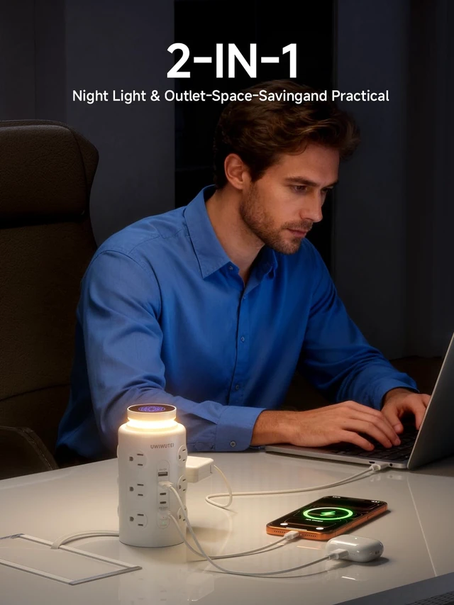Alt view image 4 of 7 - 6FT Tower Power Strip with Night Light & Dedicated 20W PD USBC Port 12 WidelySpaced AC Outlets & 5 USB Ports, Flat Plug, Extension Cord, Desk Charging Station for Home, Office & Dorm, White