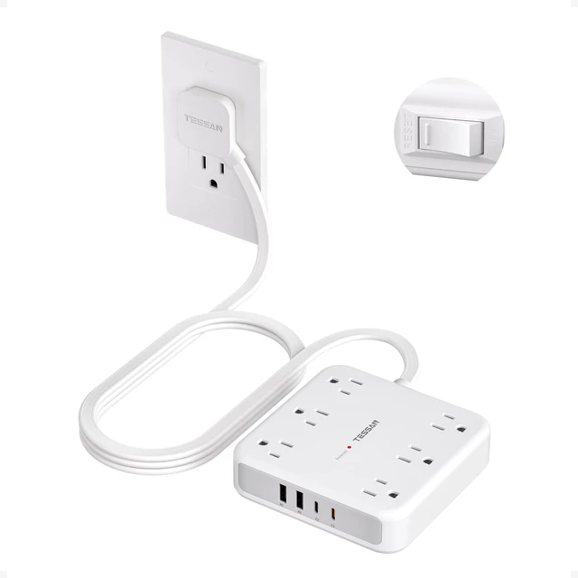 Main image of Surge Protector Power Strip, 5Ft Flat Extension Cord, 1875W 15A 6 Outlets and 4 USB Ports (2 USB C), Grey, 20W Fast Charging, 2100J Surge Protection for Home, Office, Dorm Essentials