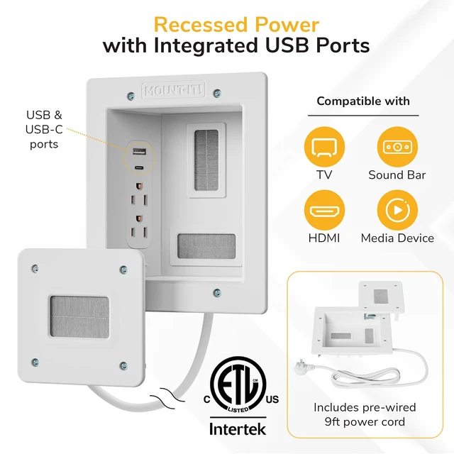 Alt view image 3 of 7 - in-Wall TV Cable Management Kit with Recessed Power Dual Outlet, USB-A and USB-C Ports, 9ft Cord, and Hand Saw Easy, Safe Cable Management for Organized TV and Home Theater Setups