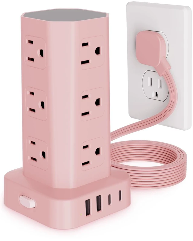 Main image of Power Strip Tower Surge Protector, 10FT Flat Plug Extension Cord with Multiple Outlets, 12 AC Outlets 4 USB (2 USB C), Desktop Charging Station with Surge Protection for Home Office Dorm Room, Pink