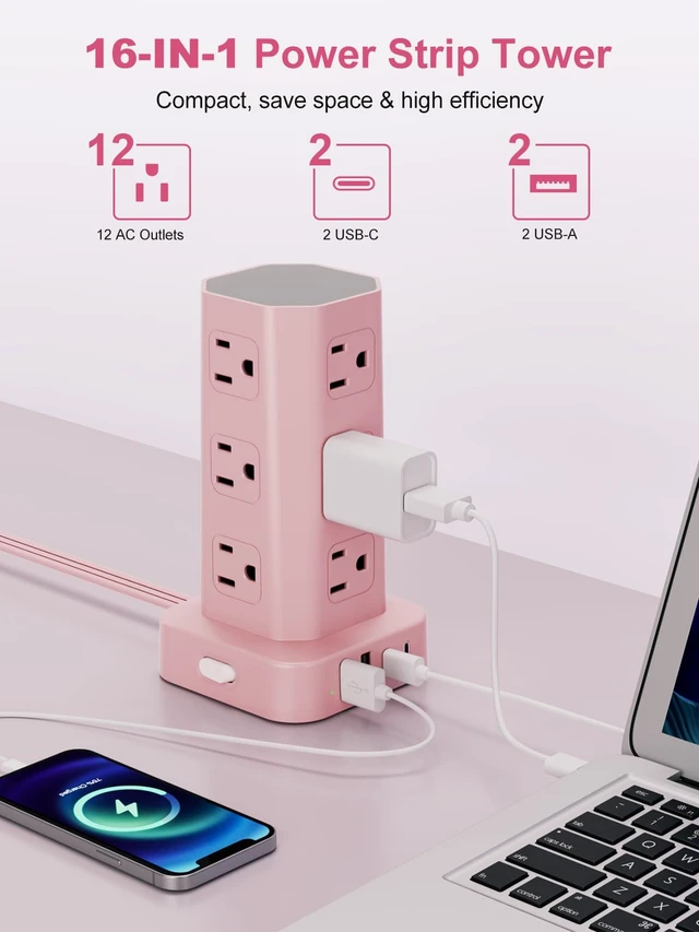 Alt view image 2 of 7 - Power Strip Tower Surge Protector, 6FT Flat Plug Extension Cord with Multiple Outlets, 12 AC Outlets 4 USB (2 USB C), Desktop Charging Station with Surge Protection for Home Office Dorm Room, Pink
