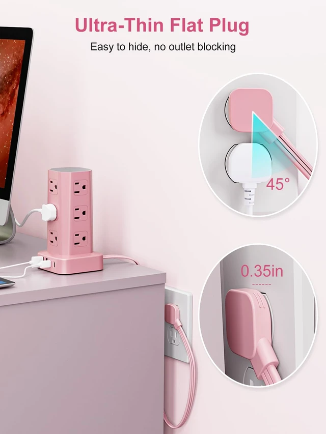 Alt view image 3 of 7 - Power Strip Tower Surge Protector, 6FT Flat Plug Extension Cord with Multiple Outlets, 12 AC Outlets 4 USB (2 USB C), Desktop Charging Station with Surge Protection for Home Office Dorm Room, Pink