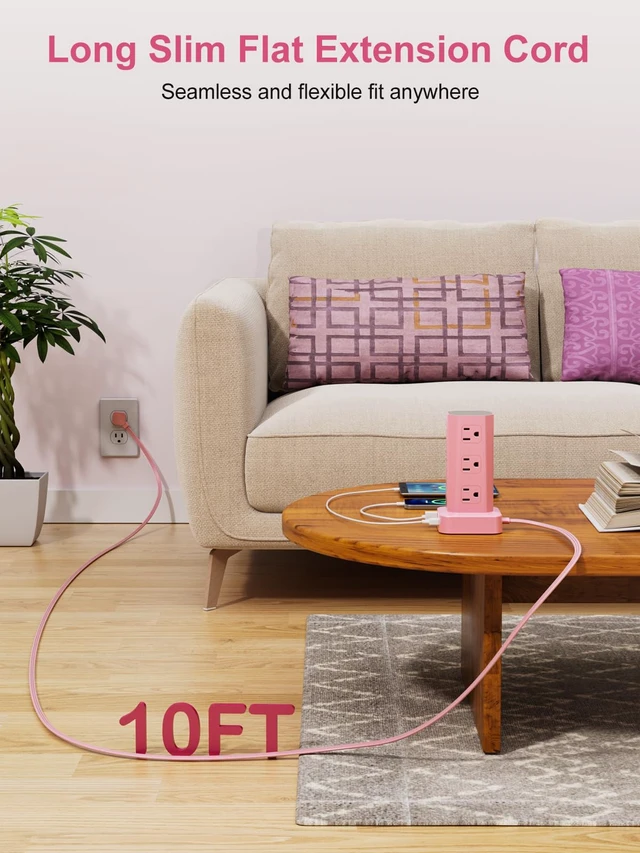 Alt view image 4 of 7 - Power Strip Tower Surge Protector, 10FT Flat Plug Extension Cord with Multiple Outlets, 12 AC Outlets 4 USB (2 USB C), Desktop Charging Station with Surge Protection for Home Office Dorm Room, Pink