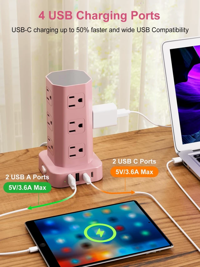 Alt view image 4 of 7 - Power Strip Tower Surge Protector, 6FT Flat Plug Extension Cord with Multiple Outlets, 12 AC Outlets 4 USB (2 USB C), Desktop Charging Station with Surge Protection for Home Office Dorm Room, Pink