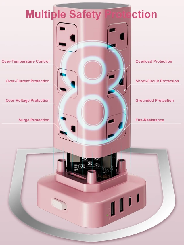 Alt view image 6 of 7 - Power Strip Tower Surge Protector, 6FT Flat Plug Extension Cord with Multiple Outlets, 12 AC Outlets 4 USB (2 USB C), Desktop Charging Station with Surge Protection for Home Office Dorm Room, Pink