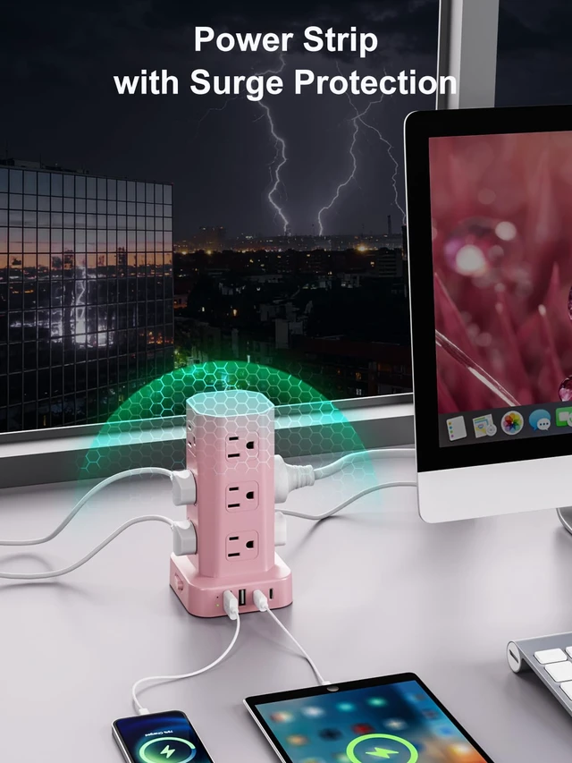 Alt view image 7 of 7 - Power Strip Tower Surge Protector, 10FT Flat Plug Extension Cord with Multiple Outlets, 12 AC Outlets 4 USB (2 USB C), Desktop Charging Station with Surge Protection for Home Office Dorm Room, Pink
