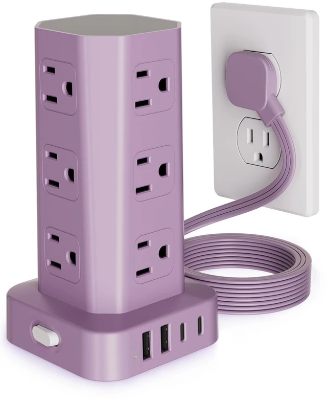 Main image of Power Strip Tower Surge Protector, 10FT Flat Plug Extension Cord with Multiple Outlets, 12 AC Outlets 4 USB (2 USB C), Desktop Charging Station with Surge Protection for Home Office Dorm Room, Purple