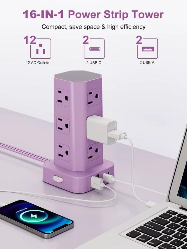 Alt view image 2 of 7 - Power Strip Tower Surge Protector, 6FT Flat Plug Extension Cord with Multiple Outlets, 12 AC Outlets 4 USB (2 USB C), Desktop Charging Station with Surge Protection for Home Office Dorm Room, Purple