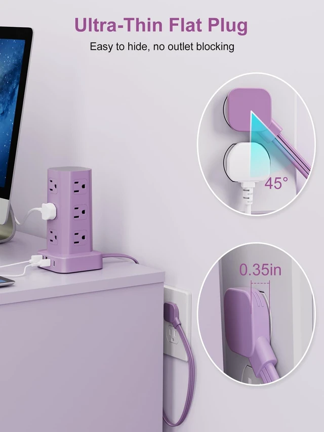 Alt view image 3 of 7 - Power Strip Tower Surge Protector, 6FT Flat Plug Extension Cord with Multiple Outlets, 12 AC Outlets 4 USB (2 USB C), Desktop Charging Station with Surge Protection for Home Office Dorm Room, Purple