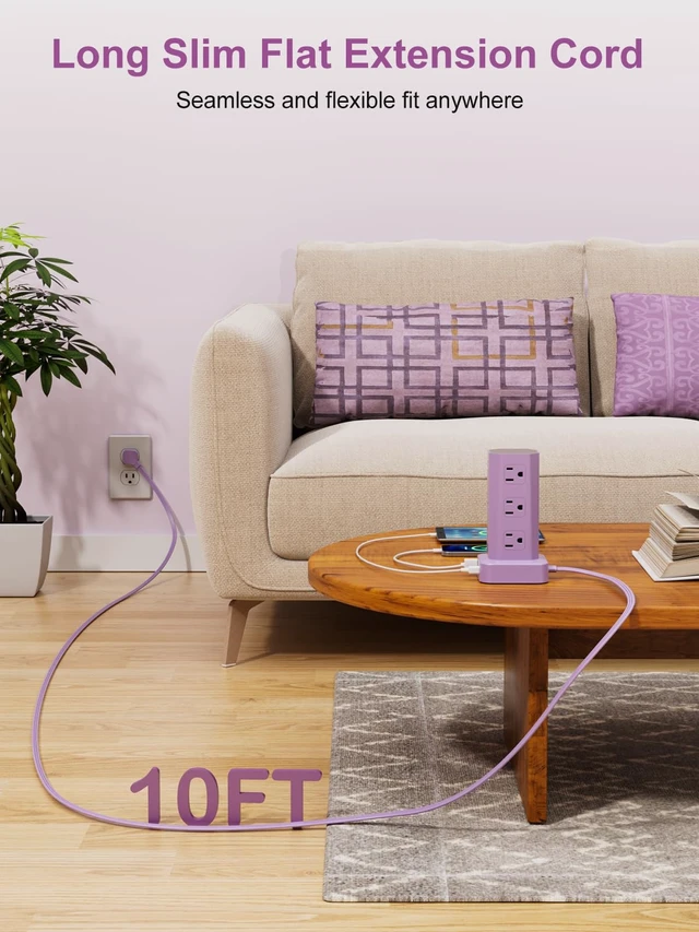 Alt view image 4 of 7 - Power Strip Tower Surge Protector, 10FT Flat Plug Extension Cord with Multiple Outlets, 12 AC Outlets 4 USB (2 USB C), Desktop Charging Station with Surge Protection for Home Office Dorm Room, Purple