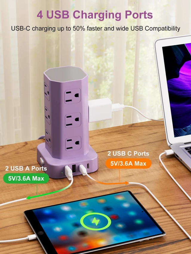 Alt view image 4 of 7 - Power Strip Tower Surge Protector, 6FT Flat Plug Extension Cord with Multiple Outlets, 12 AC Outlets 4 USB (2 USB C), Desktop Charging Station with Surge Protection for Home Office Dorm Room, Purple