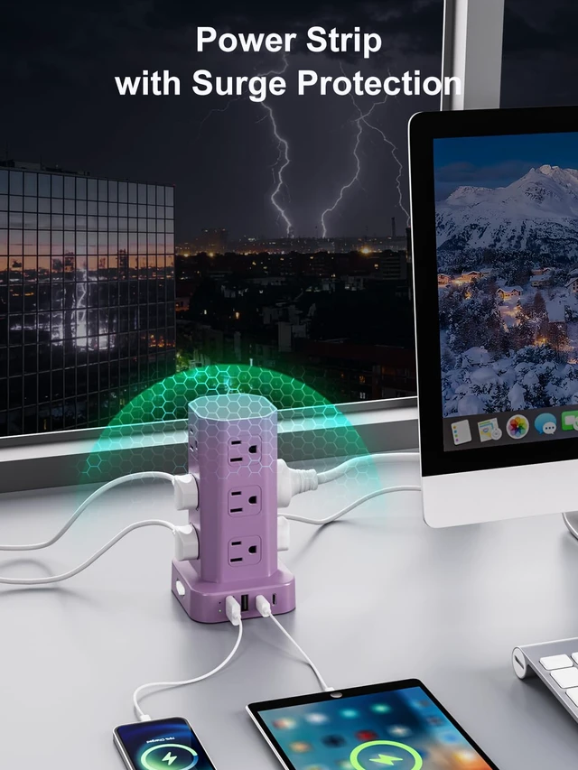 Alt view image 7 of 7 - Power Strip Tower Surge Protector, 10FT Flat Plug Extension Cord with Multiple Outlets, 12 AC Outlets 4 USB (2 USB C), Desktop Charging Station with Surge Protection for Home Office Dorm Room, Purple