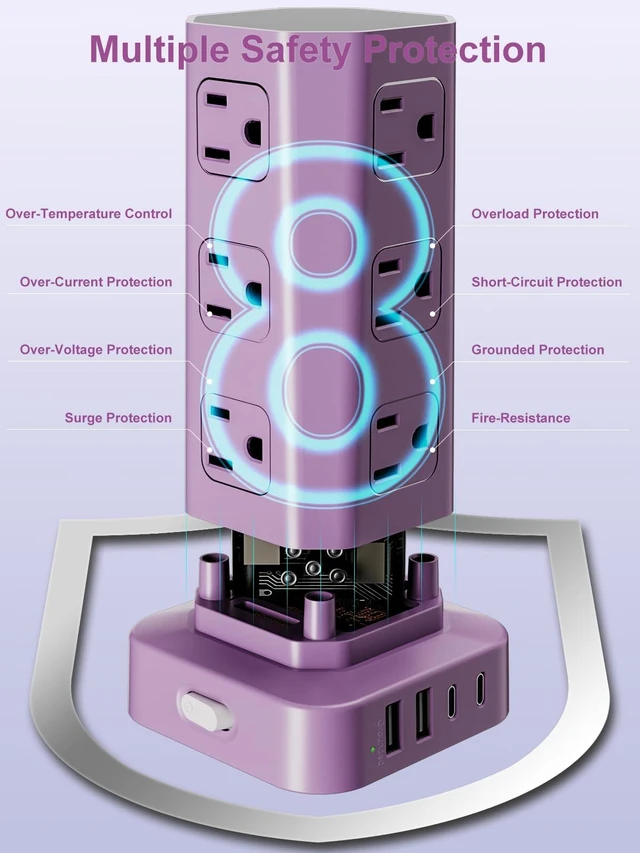 Alt view image 6 of 7 - Power Strip Tower Surge Protector, 6FT Flat Plug Extension Cord with Multiple Outlets, 12 AC Outlets 4 USB (2 USB C), Desktop Charging Station with Surge Protection for Home Office Dorm Room, Purple
