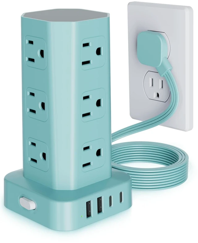Main image of Power Strip Tower Surge Protector, 10FT Flat Plug Extension Cord with Multiple Outlets, 12 AC Outlets 4 USB (2 USB C), Desktop Charging Station with Surge Protection for Home Office Dorm Room, Blue
