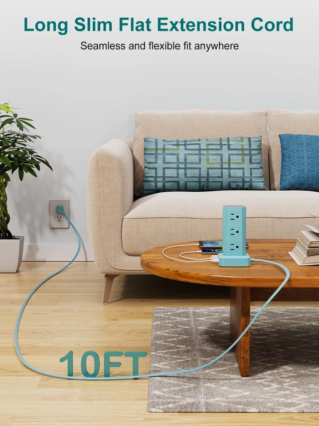 Alt view image 4 of 7 - Power Strip Tower Surge Protector, 10FT Flat Plug Extension Cord with Multiple Outlets, 12 AC Outlets 4 USB (2 USB C), Desktop Charging Station with Surge Protection for Home Office Dorm Room, Blue