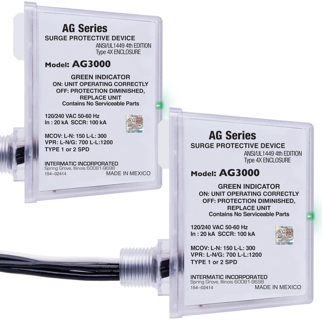 Main image of AG3000-AZ HVAC Surge Protective Device, 120/240 VAC, 2-Pack UL Listed with TPMOV Technology, a Type 4X Outdoor Enclosure, and Dual LED Indicators Showing Protection Status