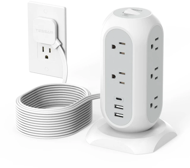 Main image of Tower Power Strip Flat Plug with 1050J Surge Protection, 15 Ft, Grey 11 Outlets 3 USB (1 USB C), Surge Protector Power Tower, Extension Cord with Multiple Outlets, Dorm, Office Desk Supplies