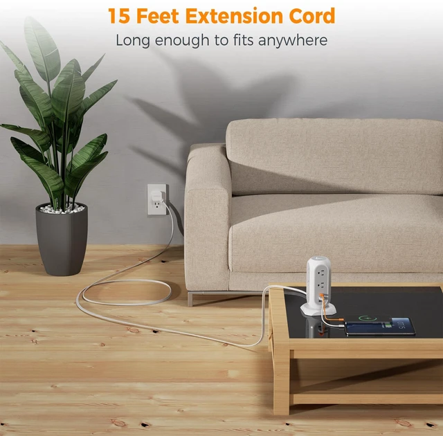 Alt view image 2 of 7 - Tower Power Strip Flat Plug with 1050J Surge Protection, 15 Ft, Grey 11 Outlets 3 USB (1 USB C), Surge Protector Power Tower, Extension Cord with Multiple Outlets, Dorm, Office Desk Supplies