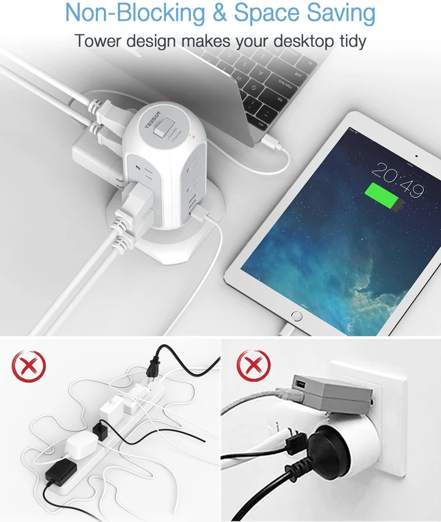 Alt view image 7 of 7 - Tower Power Strip Flat Plug with 1050J Surge Protection, 15 Ft, Grey 11 Outlets 3 USB (1 USB C), Surge Protector Power Tower, Extension Cord with Multiple Outlets, Dorm, Office Desk Supplies