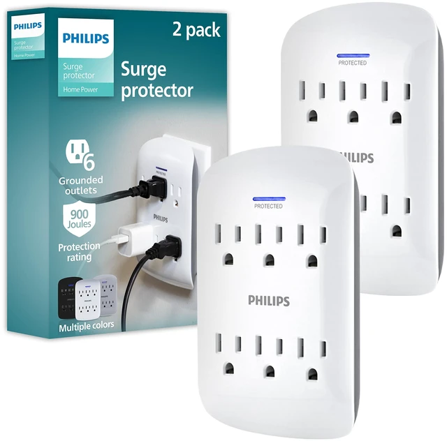 Main image of 6-Outlet Extender Surge Protector, 2 Pack, Wall Tap, 900 Joules 3-Prong, Space Saving Design, Protection Indicator LED Light, ETL Listed, White, SPP3466WA/37