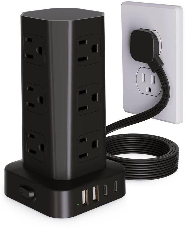 Main image of Power Strip Tower Surge Protector, 10FT Flat Plug Extension Cord with Multiple Outlets, 12 AC Outlets 4 USB (2 USB C), Desktop Surge Protection Tower for Home Office Dorm Room, Black