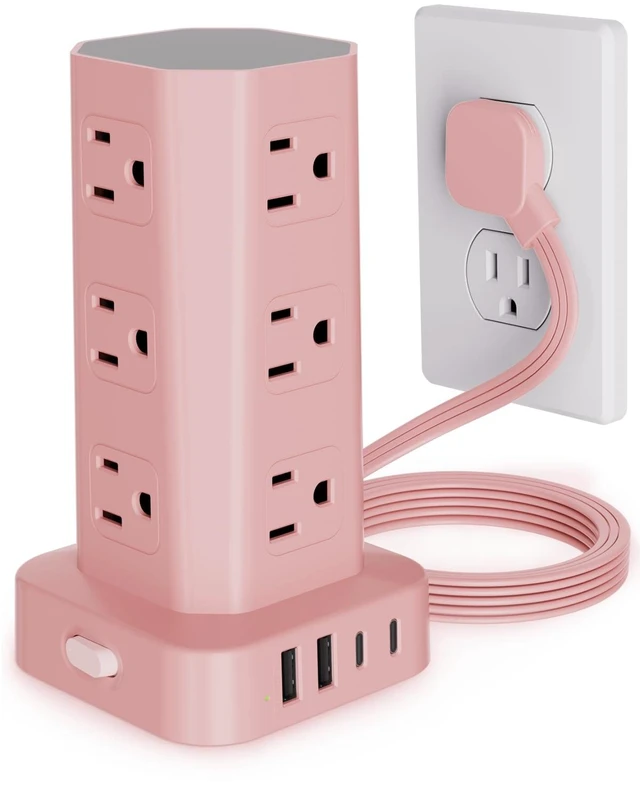 Main image of Power Strip Tower Surge Protector, 6FT Flat Plug Extension Cord with Multiple Outlets, 12 AC Outlets 4 USB (2 USB C), Desktop Charging Station with Surge Protection for Home Office Dorm Room, Pink