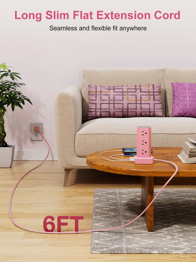 Alt view image 5 of 7 - Power Strip Tower Surge Protector, 6FT Flat Plug Extension Cord with Multiple Outlets, 12 AC Outlets 4 USB (2 USB C), Desktop Charging Station with Surge Protection for Home Office Dorm Room, Pink