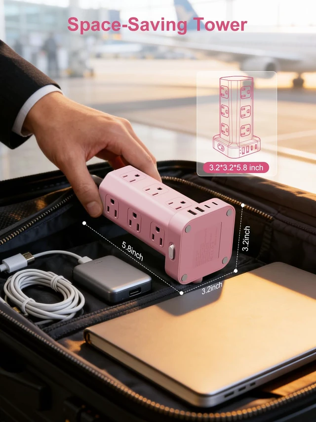 Alt view image 7 of 7 - Power Strip Tower Surge Protector, 6FT Flat Plug Extension Cord with Multiple Outlets, 12 AC Outlets 4 USB (2 USB C), Desktop Charging Station with Surge Protection for Home Office Dorm Room, Pink