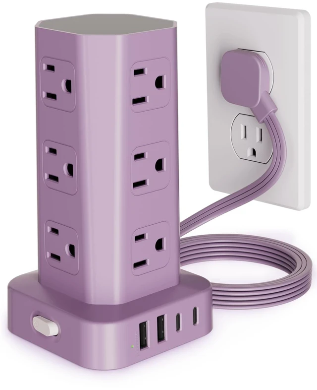 Main image of Power Strip Tower Surge Protector, 6FT Flat Plug Extension Cord with Multiple Outlets, 12 AC Outlets 4 USB (2 USB C), Desktop Charging Station with Surge Protection for Home Office Dorm Room, Purple