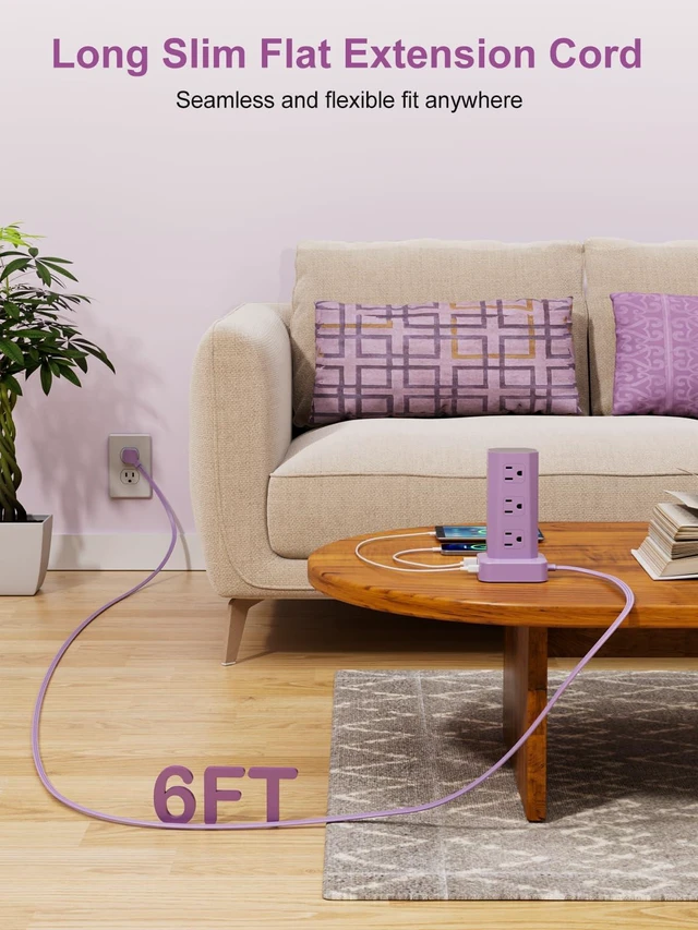 Alt view image 5 of 7 - Power Strip Tower Surge Protector, 6FT Flat Plug Extension Cord with Multiple Outlets, 12 AC Outlets 4 USB (2 USB C), Desktop Charging Station with Surge Protection for Home Office Dorm Room, Purple