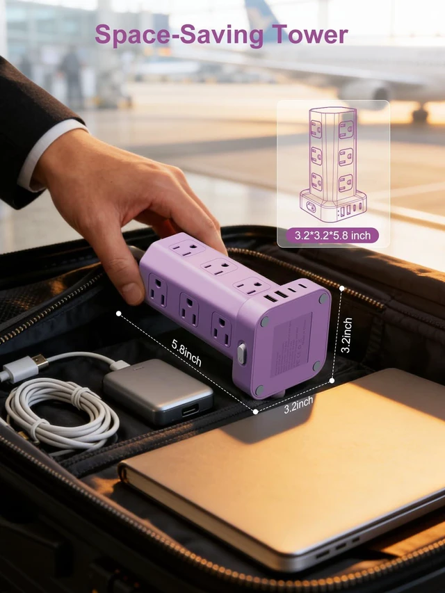 Alt view image 7 of 7 - Power Strip Tower Surge Protector, 6FT Flat Plug Extension Cord with Multiple Outlets, 12 AC Outlets 4 USB (2 USB C), Desktop Charging Station with Surge Protection for Home Office Dorm Room, Purple
