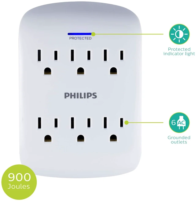 Alt view image 2 of 6 - 6-Outlet Extender Surge Protector, 2 Pack, Wall Tap, 900 Joules 3-Prong, Space Saving Design, Protection Indicator LED Light, ETL Listed, White, SPP3466WA/37
