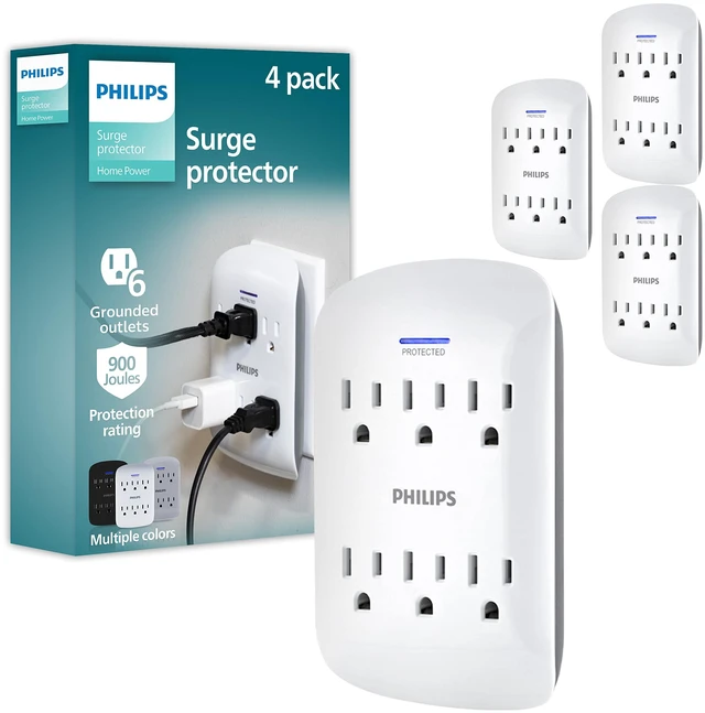 Main image of 6-Outlet Extender Surge Protector, 4 Pack, Wall Tap; 900 Joules 3-Prong, Space Saving Design, Protection Indicator LED Light, ETL Listed, White, SPP3469WA/37