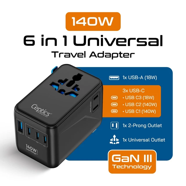 Alt view image 2 of 7 - Universal Travel Adapter, GAN 140W, 4 USB Ports & 2 Input sockets 6 in 1 International Power Adapter, Type A, C, G, I Plugs, Universal + USA/JP Input, 3x USB-C + 1x USB-A, CE & RoHS Certified