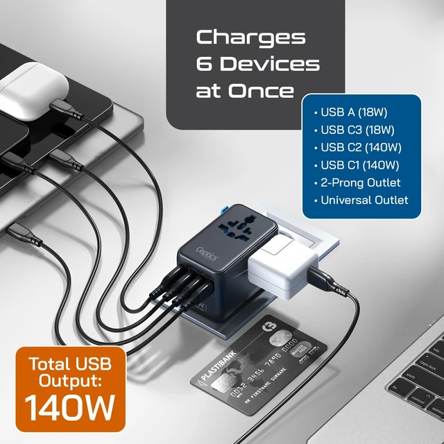 Alt view image 4 of 7 - Universal Travel Adapter, GAN 140W, 4 USB Ports & 2 Input sockets 6 in 1 International Power Adapter, Type A, C, G, I Plugs, Universal + USA/JP Input, 3x USB-C + 1x USB-A, CE & RoHS Certified