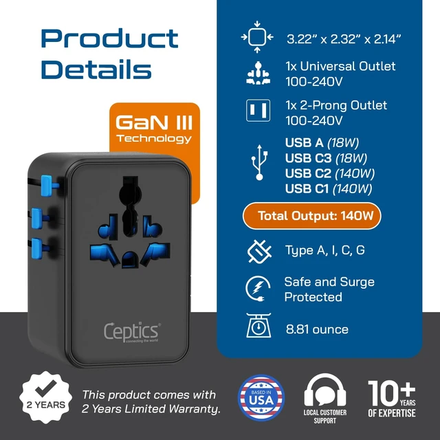 Alt view image 6 of 7 - Universal Travel Adapter, GAN 140W, 4 USB Ports & 2 Input sockets 6 in 1 International Power Adapter, Type A, C, G, I Plugs, Universal + USA/JP Input, 3x USB-C + 1x USB-A, CE & RoHS Certified