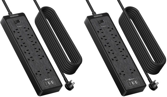 Main image of 25 Ft Extension Cord Flat Plug, 12 Outlets(2 Widely Space) 3 USB with 2100J Power Strip, Overload Protection, 1875W/15A, Wall Mount for Home Office, Workbench or Garage,Black (Pack of 2)