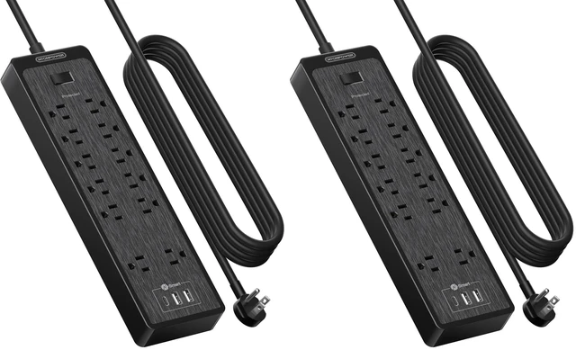Main image of 15 ft Extension Cord, Flat Plug Power Strip with USB, 12 Outlets Wall Mount, 2100 Joules, 1875W, 15A Circuit Breaker for Home Office Dorm Essentials, Black (Pack of 2)