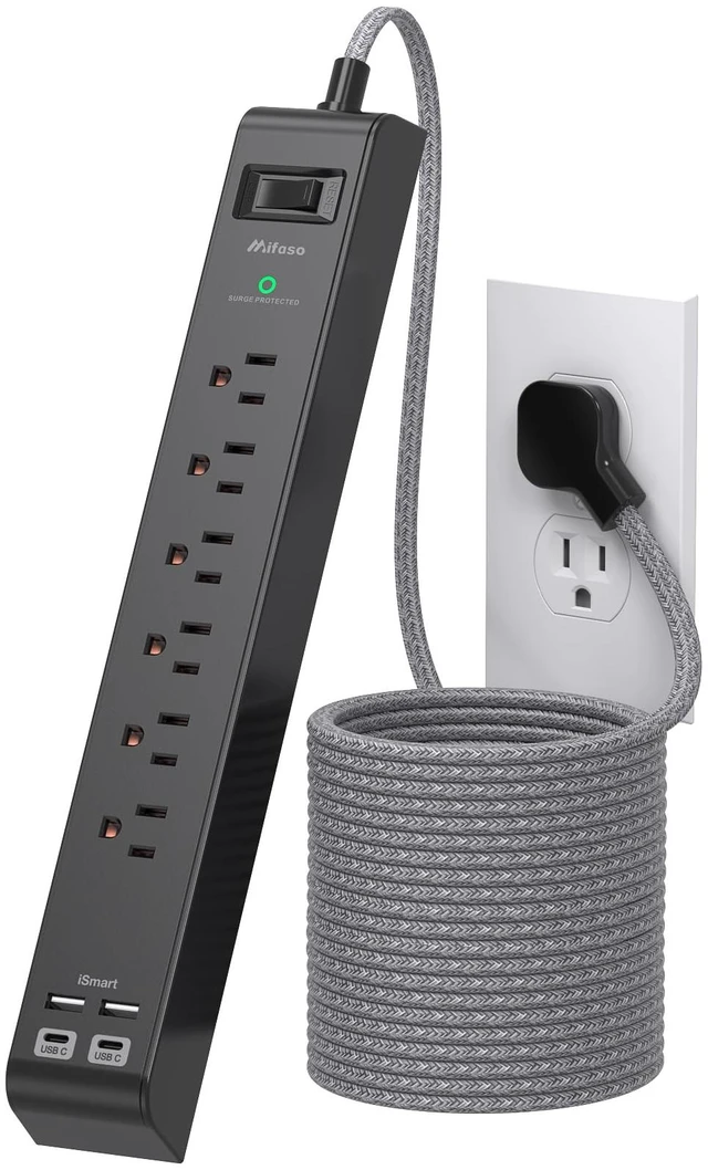 Main image of Flat Plug Extension Cord, Surge Protector Power Strip 15FT, 10-in-1 with 6 AC Outlets 4 USB Ports(2 USB-C), Extension Cord with Multiple Outlets, Wall Mountable, 1080J Surge Protection, Black