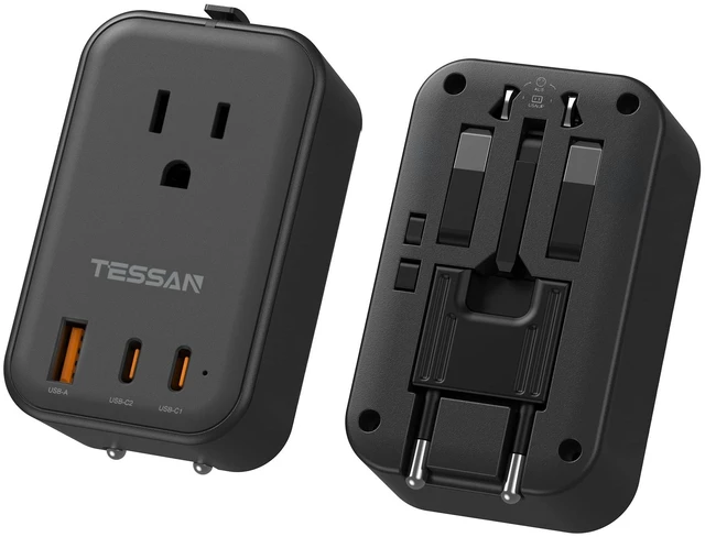 Main image of International Power Adapter PD 20W, Black Ultra Thin Universal Adapter, 2 USB C 1 USB A, US to Europe UK Spain Australia France Germany Thailand, Type C G A I